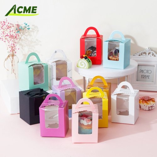 wholesale Hot sale Packaging Grid 1Pieces Paper Cupcake Bakery Muffin handle packaging Box Container with Window for christmas